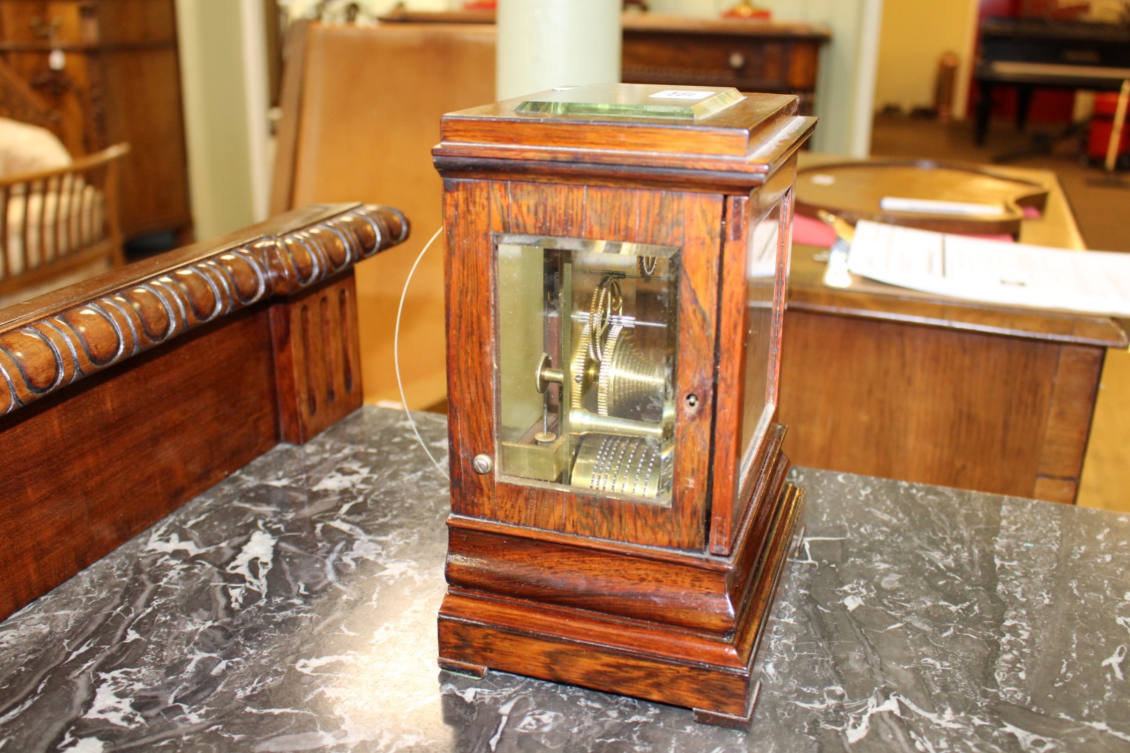 A ROSEWOOD MANTEL CLOCK, CIRCA 1850, with top and side bevelled viewing glasses, - Image 3 of 7