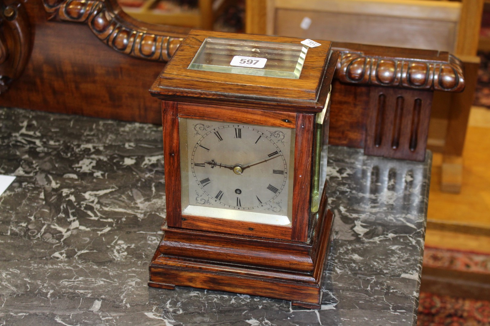 A ROSEWOOD MANTEL CLOCK, CIRCA 1850, with top and side bevelled viewing glasses, - Image 2 of 7