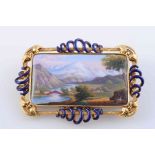 AN UNUSUALLY LARGE ENAMEL BROOCH, the square shaped mount set with an enamel pictorial scene,