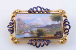 AN UNUSUALLY LARGE ENAMEL BROOCH, the square shaped mount set with an enamel pictorial scene,