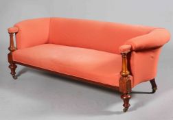A VICTORIAN MAHOGANY AND UPHOLSTERED SETTEE,