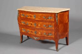 A LOUIS XV STYLE GILT-METAL MOUNTED, FLORAL MARQUETRY AND MARBLE-TOPPED COMMODE, of serpentine form,