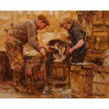 TOM MANSON (BORN 1940), UNLOADING THE CATCH AT NORTH SHIELDS QUAY, signed lower right, oil on board,