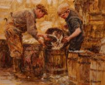 TOM MANSON (BORN 1940), UNLOADING THE CATCH AT NORTH SHIELDS QUAY, signed lower right, oil on board,