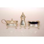 A SILVER THREE PIECE CONDIMENT SET, BIRMINGHAM 1957, in the Georgian taste with baluster pepperette,