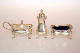 A SILVER THREE PIECE CONDIMENT SET, BIRMINGHAM 1957, in the Georgian taste with baluster pepperette,