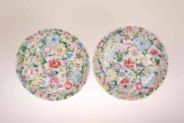 A PAIR OF CHINESE FAMILLE ROSE MILLEFIORE PORCELAIN DISHES, on a white ground,