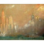 FREDERICK USHER DEVOLL (AMERICAN, 1873-1941), VIEW OF A NEW YORK HARBOUR SKYLINE FROM HOBOKEN DOCKS,