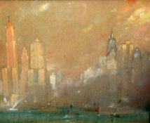 FREDERICK USHER DEVOLL (AMERICAN, 1873-1941), VIEW OF A NEW YORK HARBOUR SKYLINE FROM HOBOKEN DOCKS,