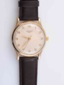 A LONGINES 9 CARAT GOLD WRISTWATCH, circular case, centre sweep seconds, engraving to back of case,