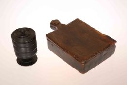 A COUNTRY ELM SPICE BOX, with sliding cover revealing a five-section interior,