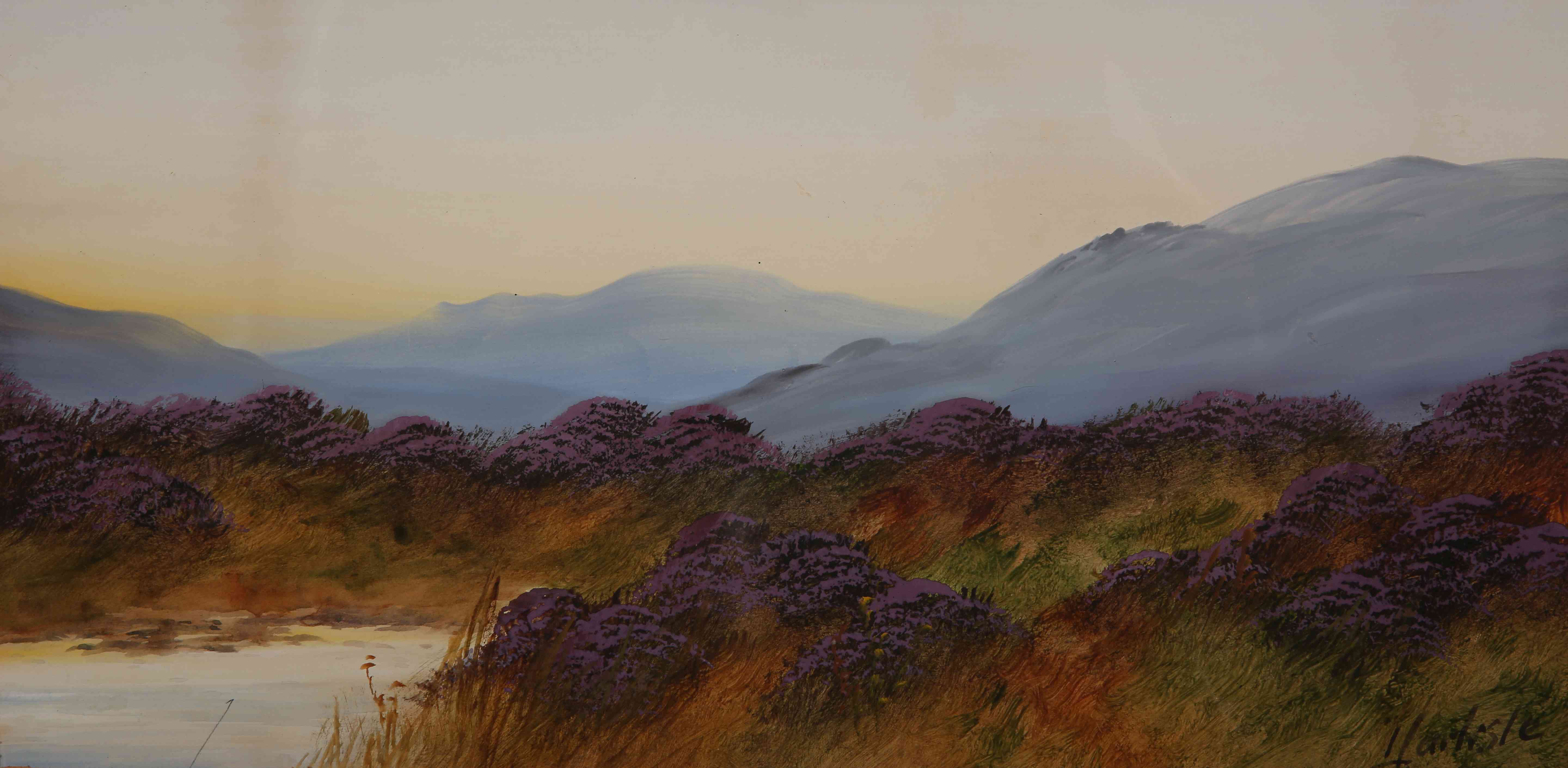 JOHN CARLISLE, HEATHER CLAD MOORLAND, A PAIR, each signed, watercolours, framed. 19cm by 36. - Image 2 of 2