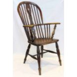 A 19TH CENTURY ELM WINDSOR CHAIR, with double pierced splat,