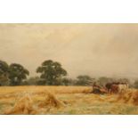 JOHN ATKINSON (1863-1924), HARVESTING, signed lower right, watercolour, framed. 28cm by 39.
