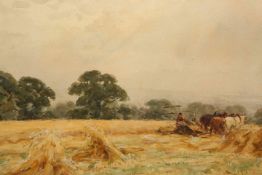 JOHN ATKINSON (1863-1924), HARVESTING, signed lower right, watercolour, framed. 28cm by 39.