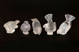 A SET OF FIVE LALIQUE "MOINEAU" PAPERWEIGHTS, each sparrow modelled in a differing pose,