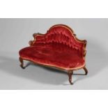 A SMALL VICTORIAN WALNUT AND UPHOLSTERED SETTEE, CIRCA 1870,