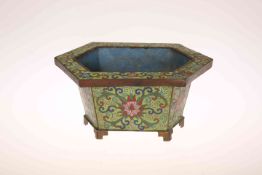 A SMALL CHINESE CLOISONNE ENAMEL JARDINIERE, of hexagonal form,