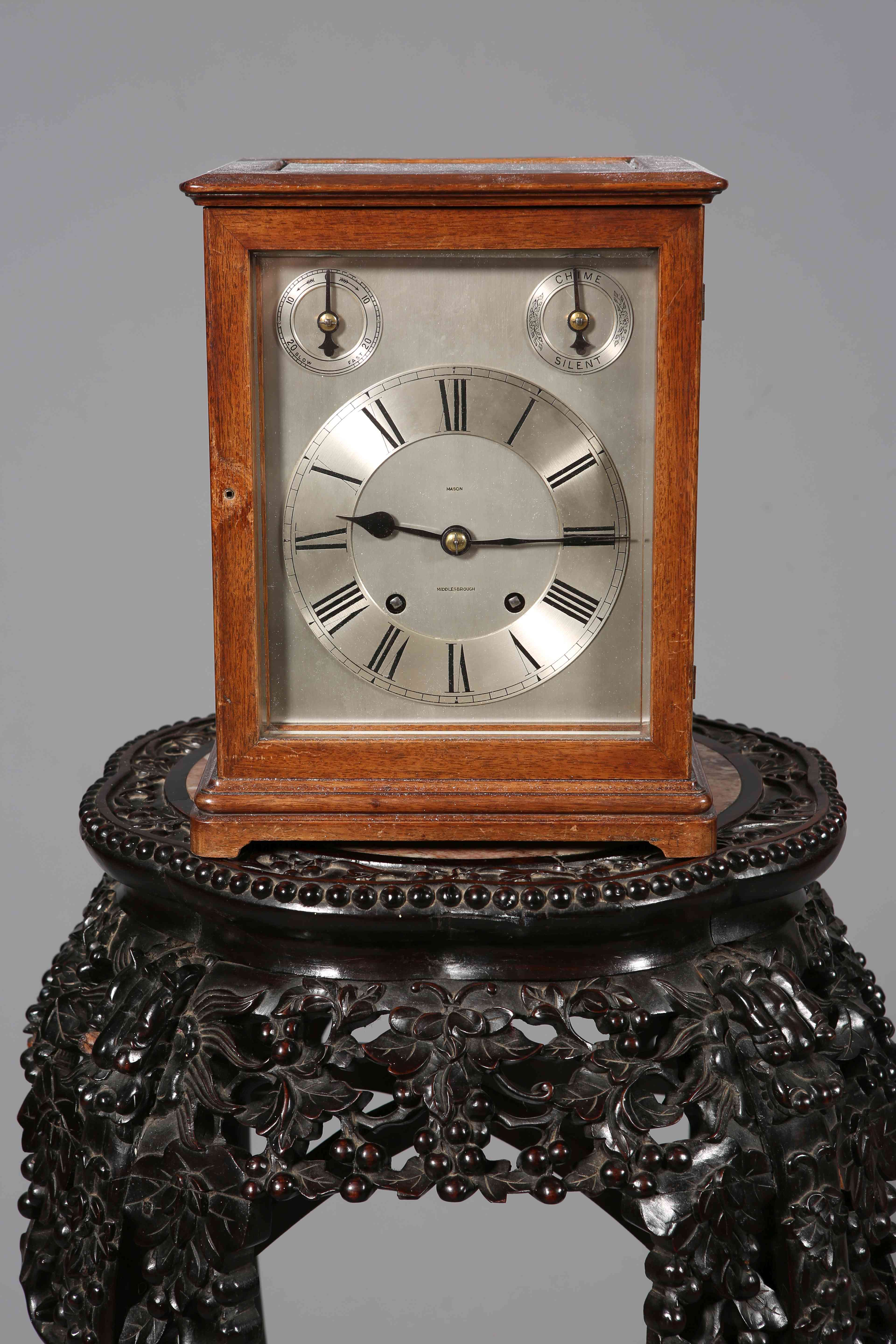 MASON, MIDDLESBROUGH, EARLY 20TH CENTURY MAHOGANY MANTEL CLOCK, the case glazed to the sides,