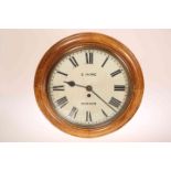 A LATE 19th CENTURY OAK CASED WALL CLOCK, with single fusee movement, with pendulum,