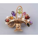 A 9 CARAT GOLD AND MULTI-GEM BROOCH, modelled as a basket of flowers, hallmarked London 1989. 6.