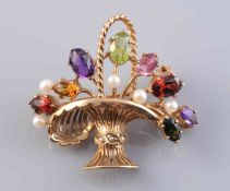 A 9 CARAT GOLD AND MULTI-GEM BROOCH, modelled as a basket of flowers, hallmarked London 1989. 6.