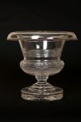 A LARGE 19TH CENTURY PEDESTAL GLASS VASE with hatched and etched decoration and on a circular base.