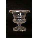 A LARGE 19TH CENTURY PEDESTAL GLASS VASE with hatched and etched decoration and on a circular base.