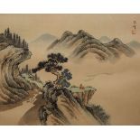 CHINESE SCHOOL, FIGURE PRAYING ON AN OUTCROP, signed, watercolour on silk, framed. 30.