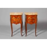 A PAIR OF FRENCH FLORAL MARQUETRY AND MARBLE-TOPPED TABLES,