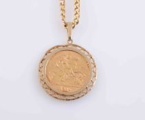AN EDWARDIAN HALF SOVEREIGN, 1911, in a pendant mount with a chain stamped 375. Gross 10.