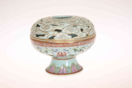 A CHINESE FAMILLE ROSE PORCELAIN CENSER AND COVER, with celadon ground,