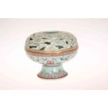 A CHINESE FAMILLE ROSE PORCELAIN CENSER AND COVER, with celadon ground,
