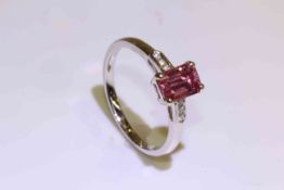 18 carat gold emerald-cut pink sapphire and round brilliant diamond shoulder ring,