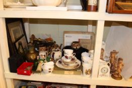 Kitchen scales, photographs, various china including teaware, box camera, figures,