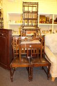 Walnut nest of three cabriole leg tables, pair oak dining chairs, piano stool, barometer,