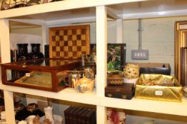 Counter top display case, vases, leaded panels, chess set and board, animal ornaments,