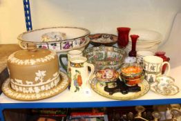 Relief decorated Stilton cover and stand, two toilet bowls, Cantonese bowl, Royal Doulton jugs,