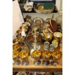 Collection of silver plated ware, three pairs of binoculars, coinage, inkwells, corkscrew,
