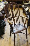 19th Century Windsor elm pierced splat back elbow chair with crinoline stretcher