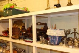 Large collection of silver plate, copper, brass, lamps, scales, wood items,