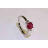 18 carat gold ruby and baguette diamond shoulder ring, ruby approximately 0.