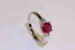 18 carat gold ruby and baguette diamond shoulder ring, ruby approximately 0.