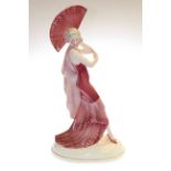 Katzhutte large Art Deco figure of flapper with fan in pink shaded gown,