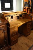 1920's oak double pedestal roll top desk,