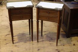 Pair of French marble topped occasional tables each with brass galleried marble top above two