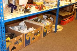 Five boxes of glass, china, tools, oil lamp, enamel ware, firescreen, plaster plaques,