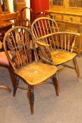 Windsor elm spoke back armchair and antique yew and elm Windsor chair with crinoline stretcher (2)