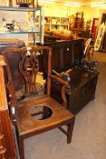 Antique stained wood elbow chair and oak monks bench (2)