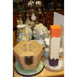 Pair of Oriental table lamps, hors de oeuvres dish, Oriental tea for two in basket,